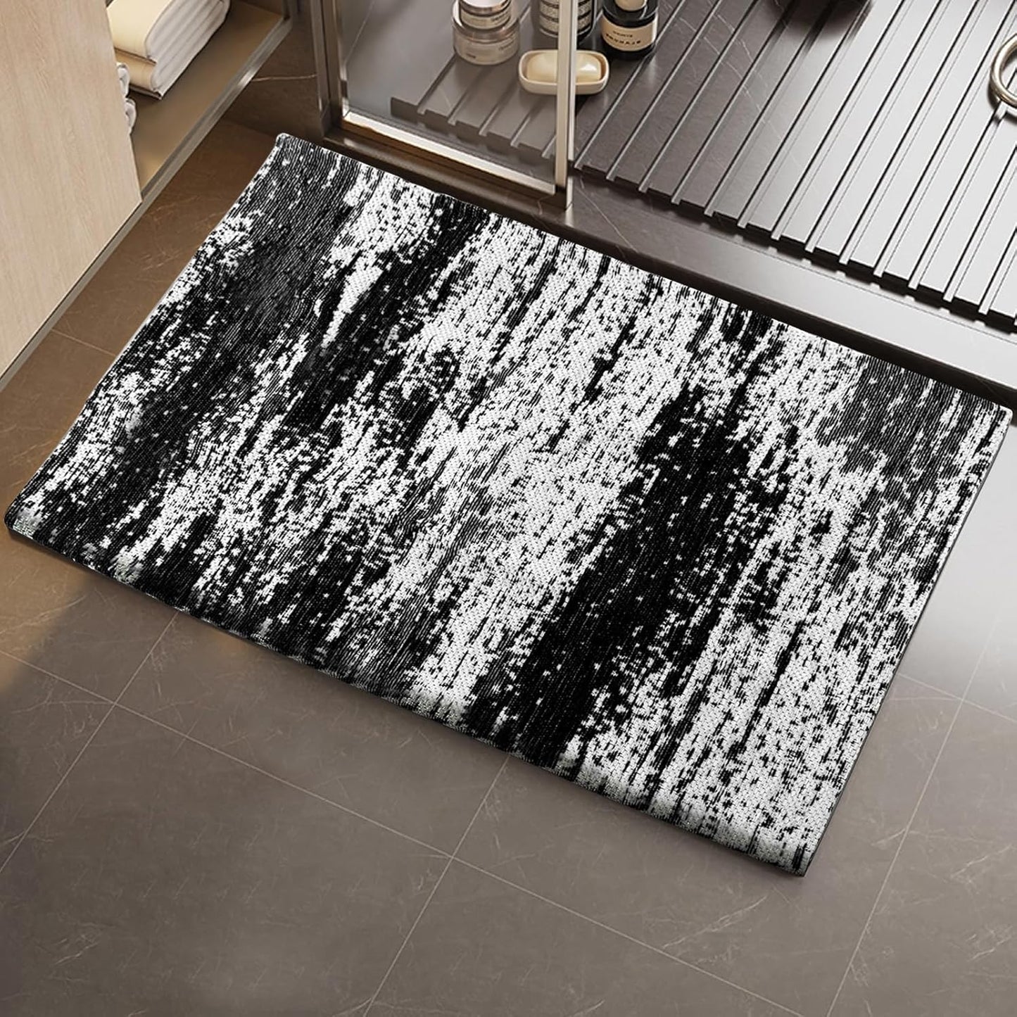 HDFK Graffiti Bath Mat | Non Slip Water Absorbent Quick Dry Woven Floor Mats | Thin Machine Washable Modern Shower Rug | Low Pile Profile Fit Under Door Vanity Room Bathroom Rugs | 24x17.7 Inch Black
