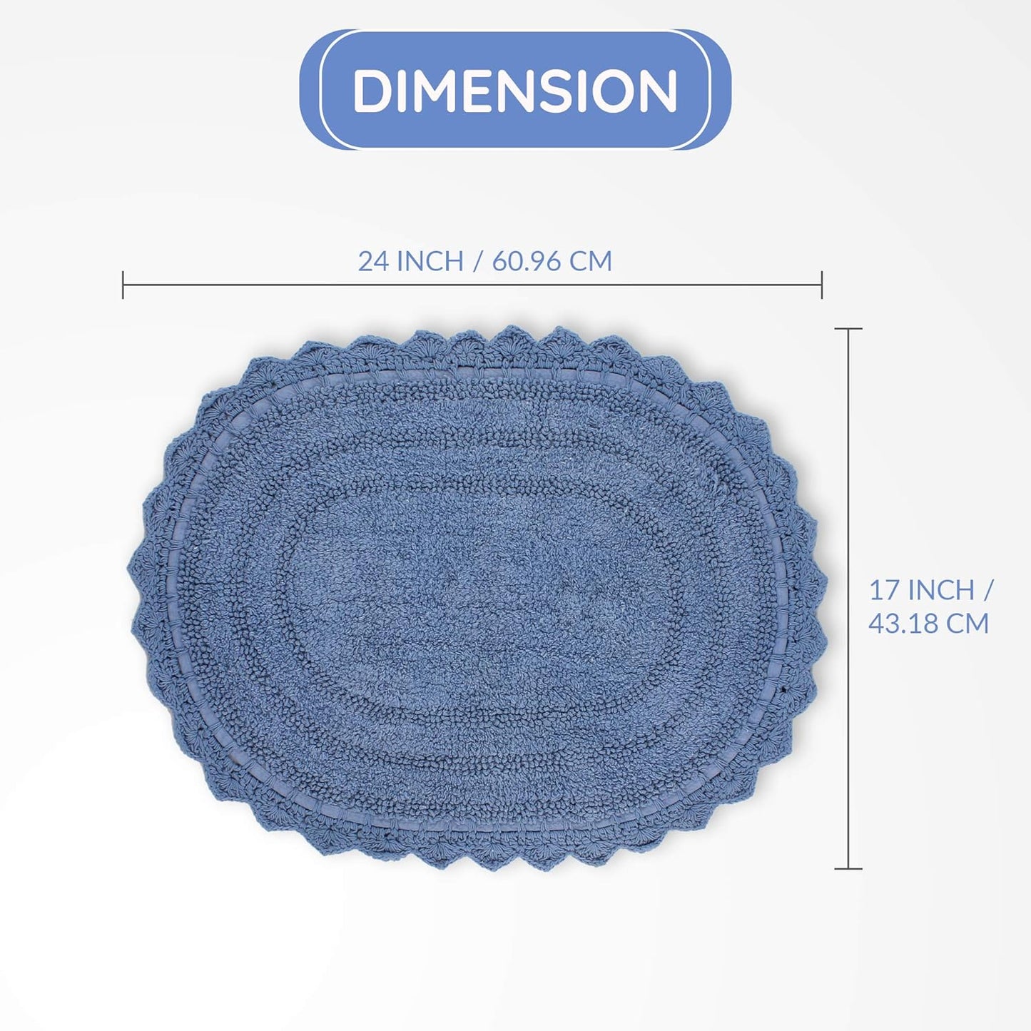 RAJRANG Reversible Bath mat for Bathroom with Crochet Cotton Absorbent Soft Bath Rug Parisian Blue Oval 24x17 Inches