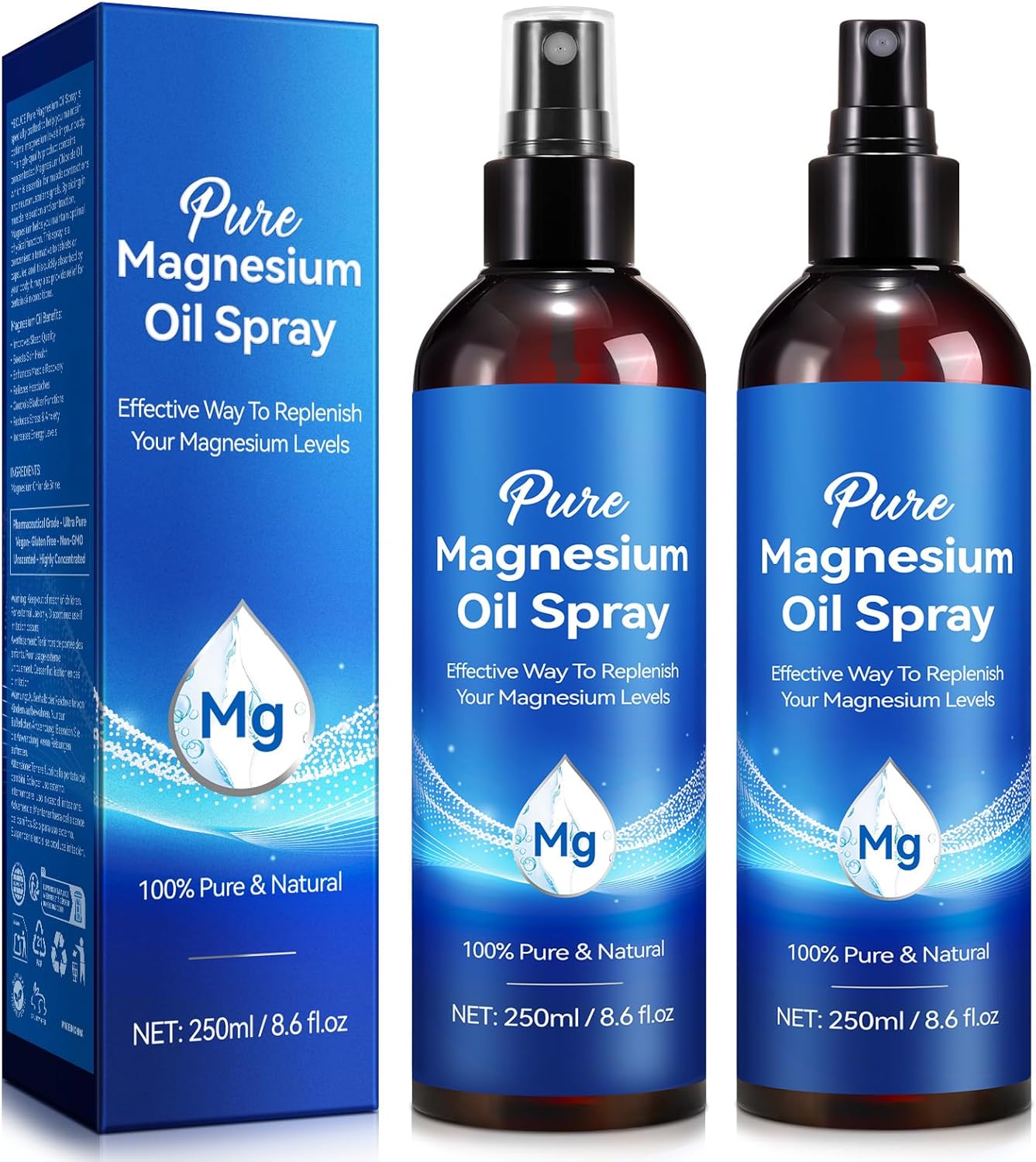 Magnesium Oil Spray 8.6Fl Oz, 2Pack Pure Magnesium Spray for Feet, Body and Skin, Topical Mg Oil, Easy to Absorb