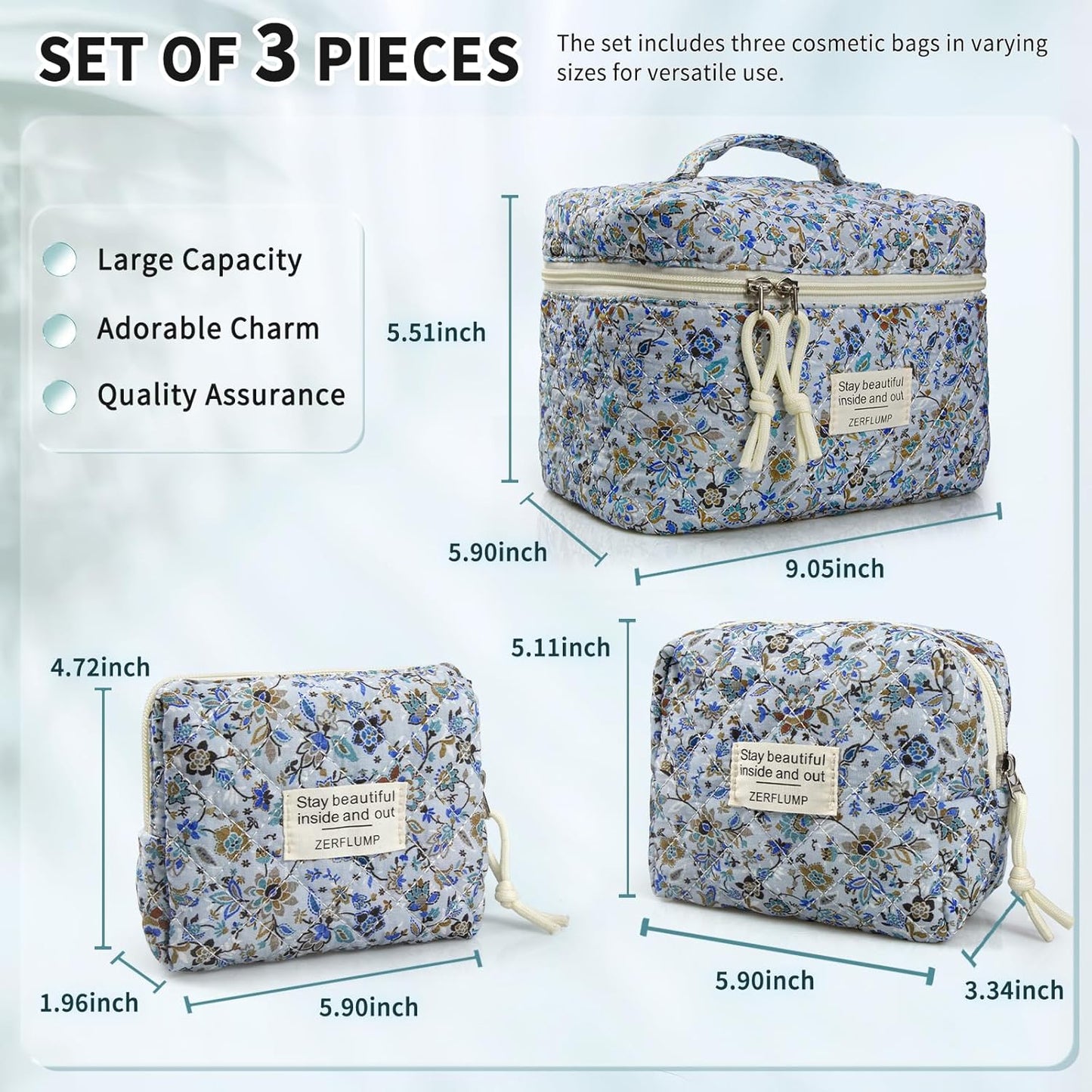 Cute Quilted Floral Makeup Bag(3Pcs)，Coquette Aesthetic Cosmetic Bag，Travel Toiletry Bags， Kawaii Aesthetic pouch for Women (62-BlueVine)