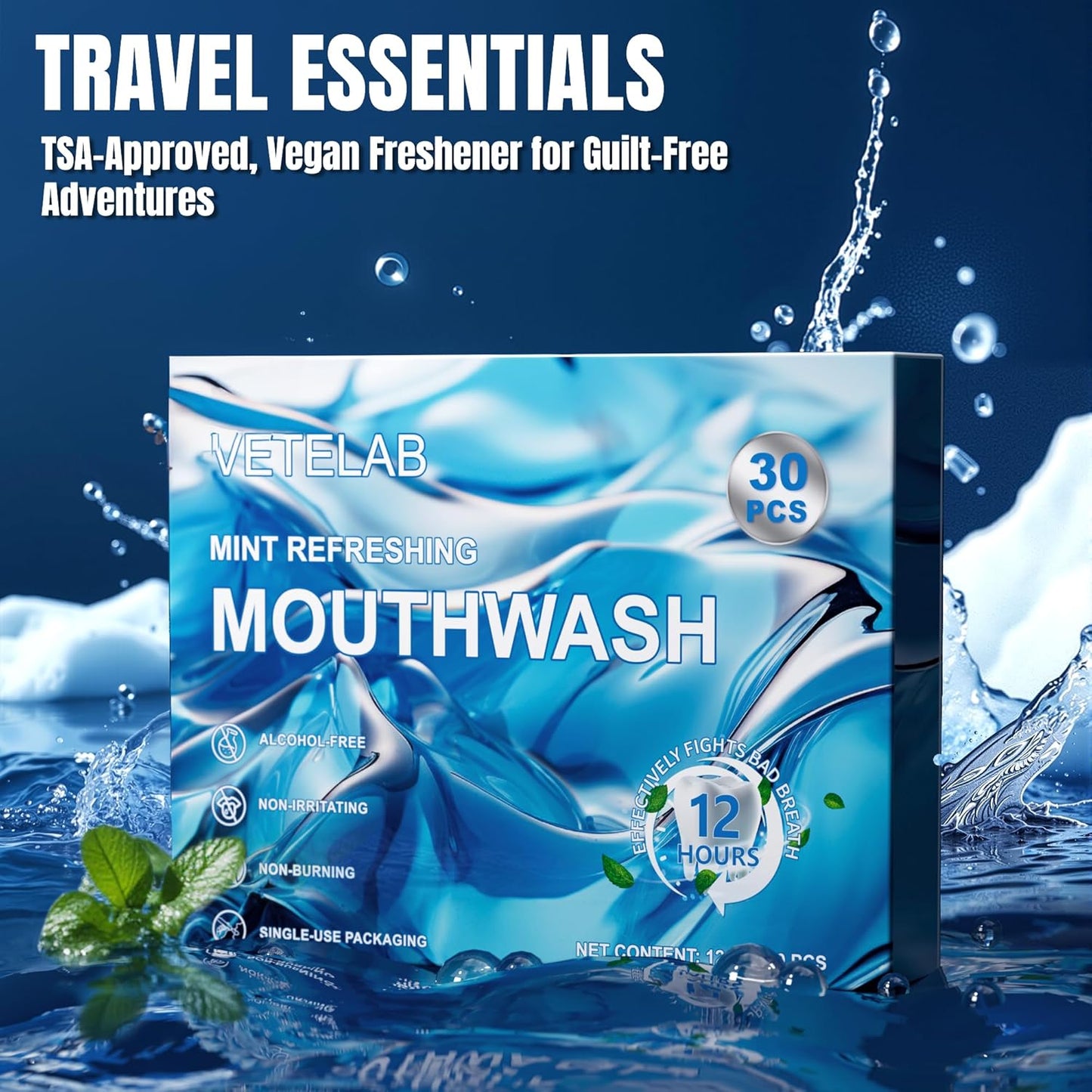 Travel Size Toiletries Mouthwash Packets - TSA-Approved Mini Mint Mouthwash for Adults, Alcohol & Fluoride-Free Oral Care for Air Travel Gifts, Dates & Office, Individually Wrapped (Pack of 30)