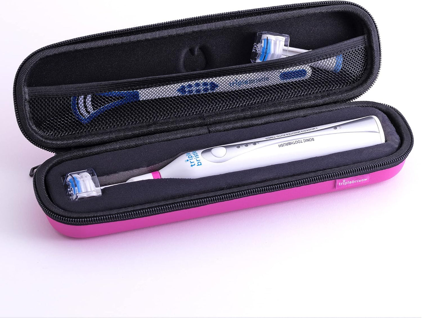 Triple Bristle Sonic Toothbrush Travel Case | Portable Breathable Toothbrush Hard Carrying Bag for Traveling, Camping, Business Trip | Mesh Pocket for Accessories | Pink