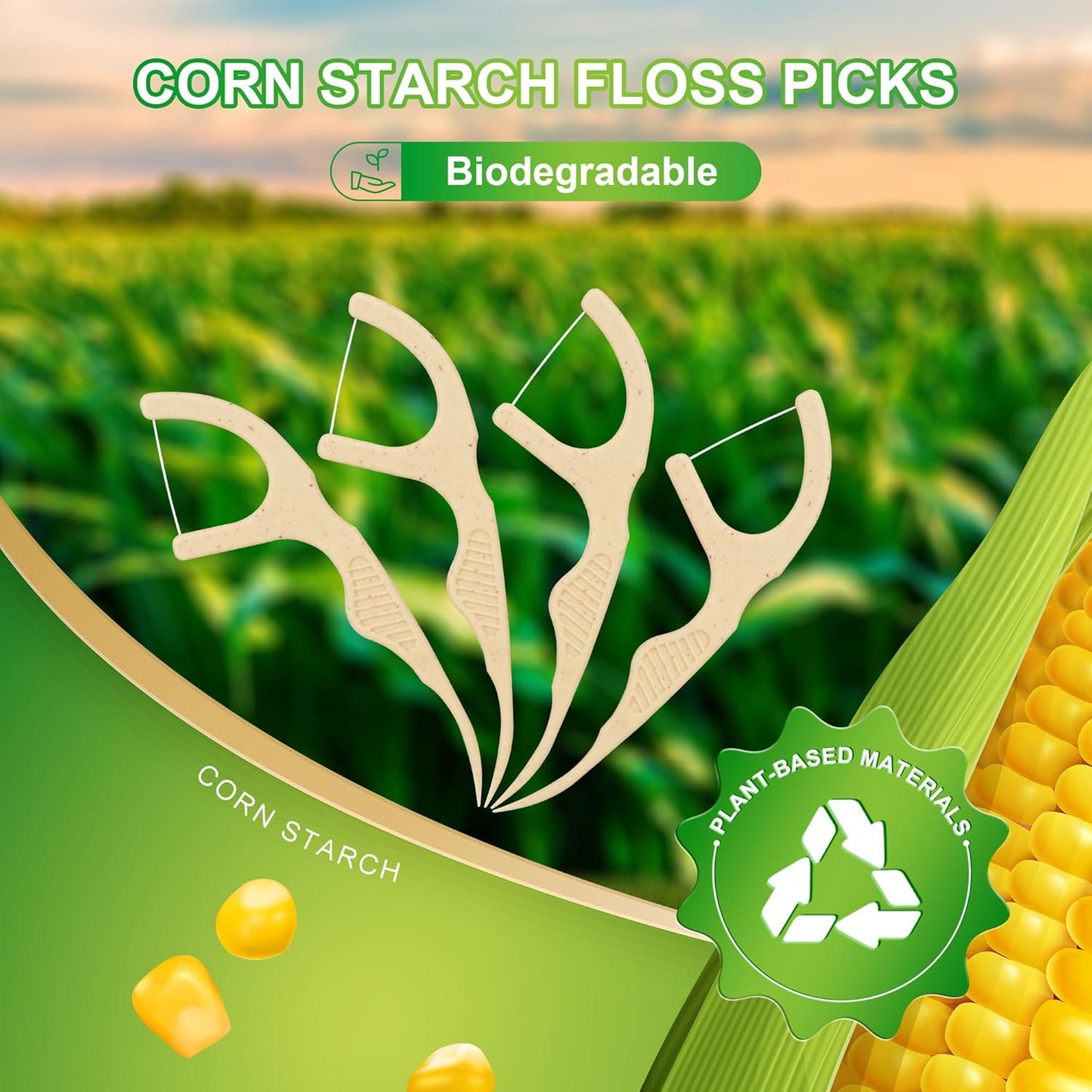 200 Count Biodegradable Dental Floss Picks, Eco Friendly Plant-Based Tooth Flossers for adults, Tear-Resistant Floss Sticks with Wide Handles, Vegan & BPA Free Dental Floss for Natural Oral Care, Mint