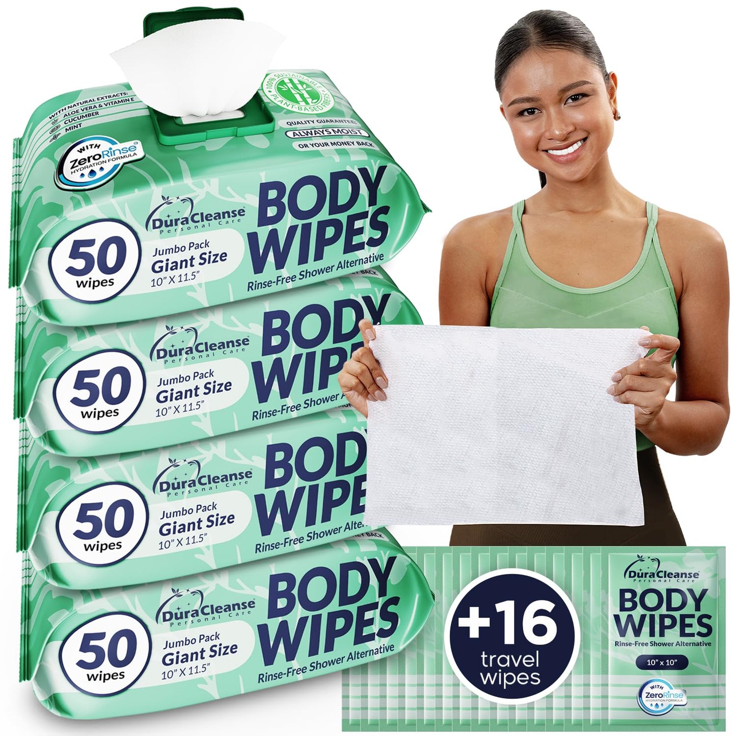 Body Wipes for Women, Extra Moist No Rinse Bathing Sheets (4pk), 200 XL Shower Cloths + 16 Deodorizing Bath Wipes - 9"x12" Travel Size Essentials, Toiletries for Womens Hygiene & Post Workout Cleanup
