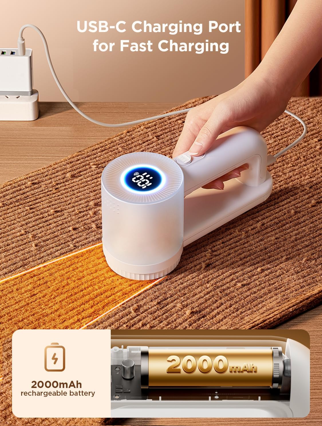 Rechargeable Fabric Shaver, Lint Remover for Clothes, Lint Shaver 6-Leaf Blades, 3-Speeds Lint Shaver with LED Display for Effortless Fuzz & Pill Removal for Clothes, Sweaters, Furniture, White