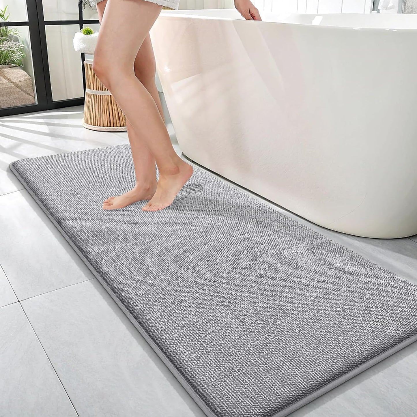OLANLY Thick Memory Foam Bath Mat Rug 47x17, Extra Soft Absorbent Bathroom Rug, Quick Dry Bath Mats, Non-Slip, Machine Washable Carpet for Bathroom, Tub and Shower, Home Decor Accessories, Grey