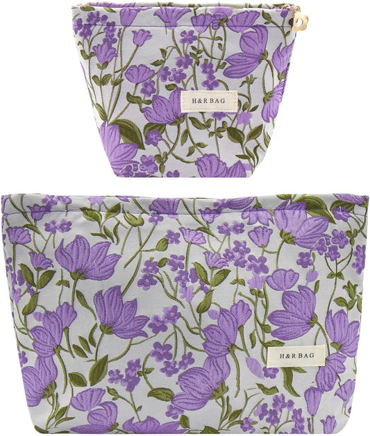 2 Pcs Makeup Bags, Large Cosmetic Bag Travel Toiletry Bag Organizer for Women, Embroidery Craft, Floral Makeup Bag Small Cosmetic Pouch Purse with Zipper Gifts for Girls Teen
