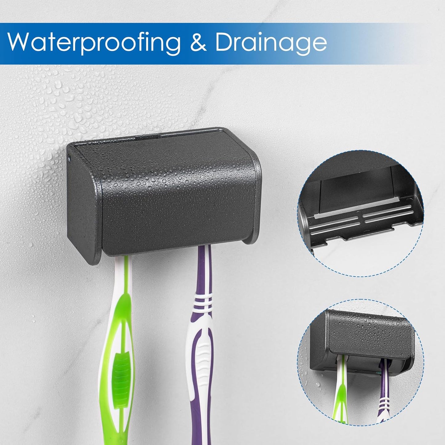 Toothbrush Holder Wall Mounted with Cover for Bathroom, 2 Slots Toothbrush Storage Organizer for Shower, Self Adhesive Toothbrush Hanger Rack for Dorm, Cabinet (Brushed Grey)