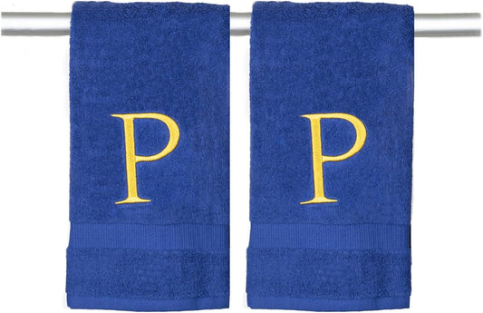 Navy Monogrammed Hand Towel for Bathroom - Initial Hotel Quality Decorative Embroidered Luxury Towel for Powder Room, Spa - GOTS Organic Certified - Set of 2 Gold Letter P