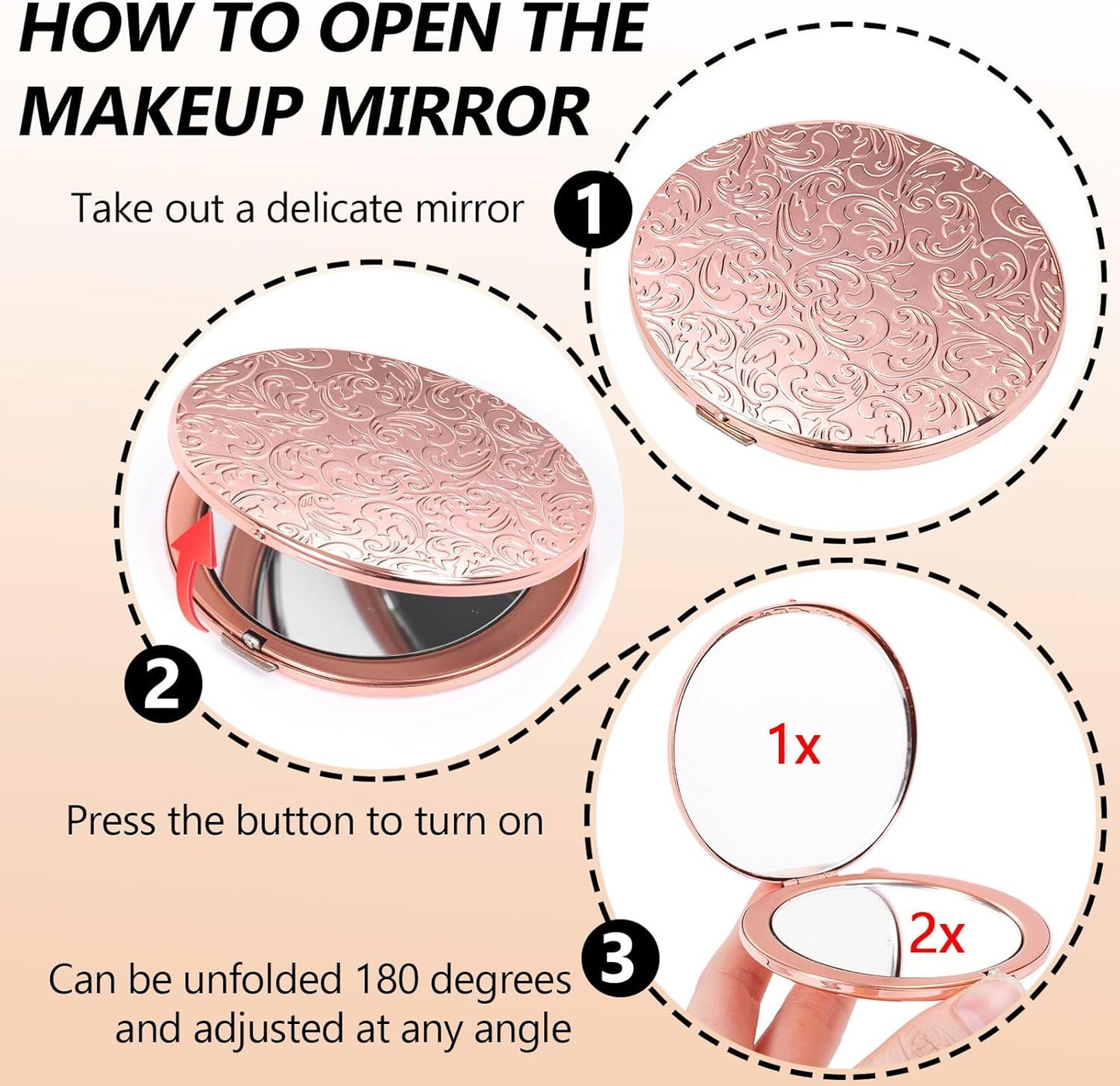 Portable Compact Metal Folding Makeup Mirrors, Beautiful and Elegant,1X/2X Magnifier. (Rose Gold)