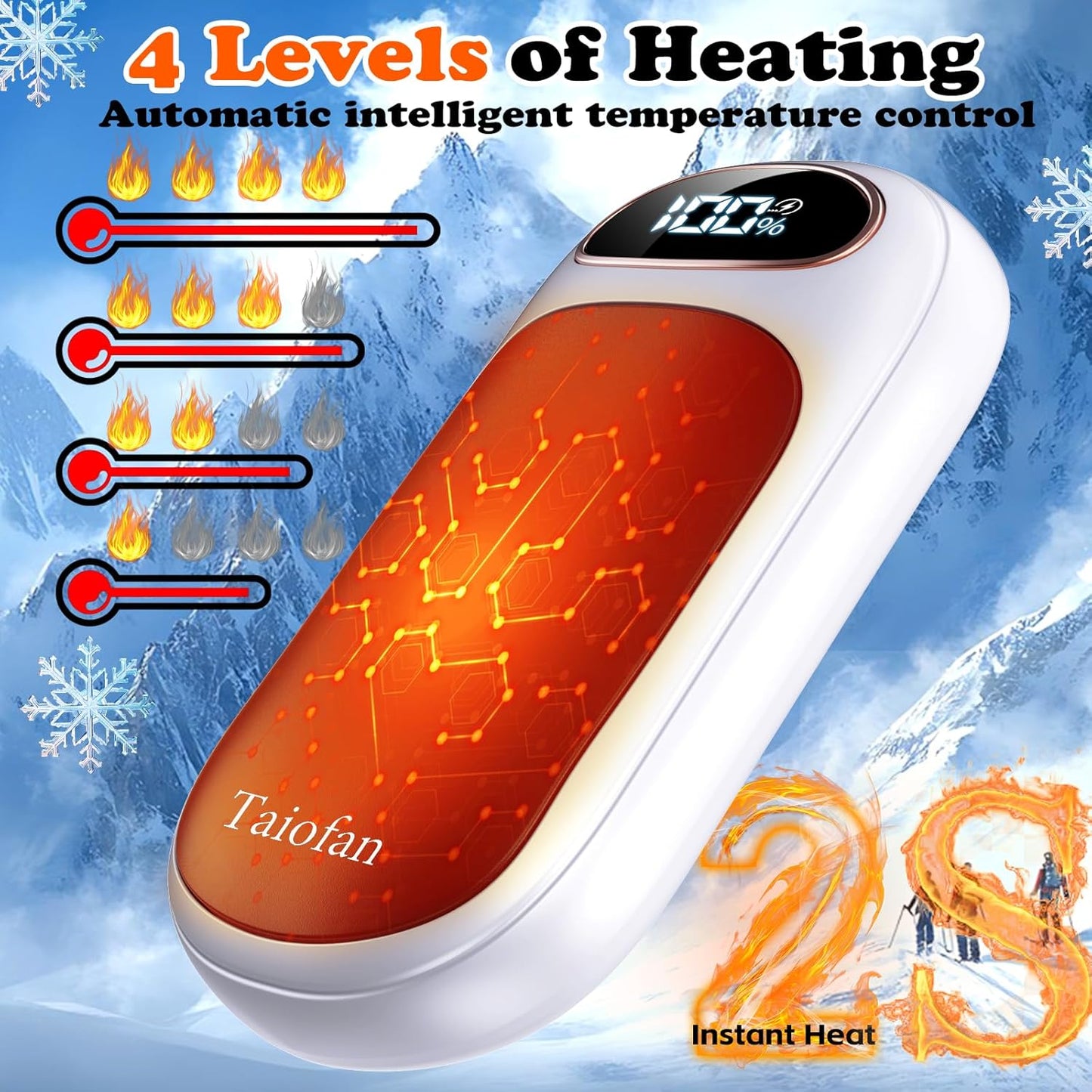 Rechargeable Hand Warmer 2 Pack, LED Display & 4 Levels, Ultrathin Electric Hand Warmers Portable USB Pocket Heater Fits Gloves for Hunting Essentials, Camping, Raynauds, Gifts for Men Women