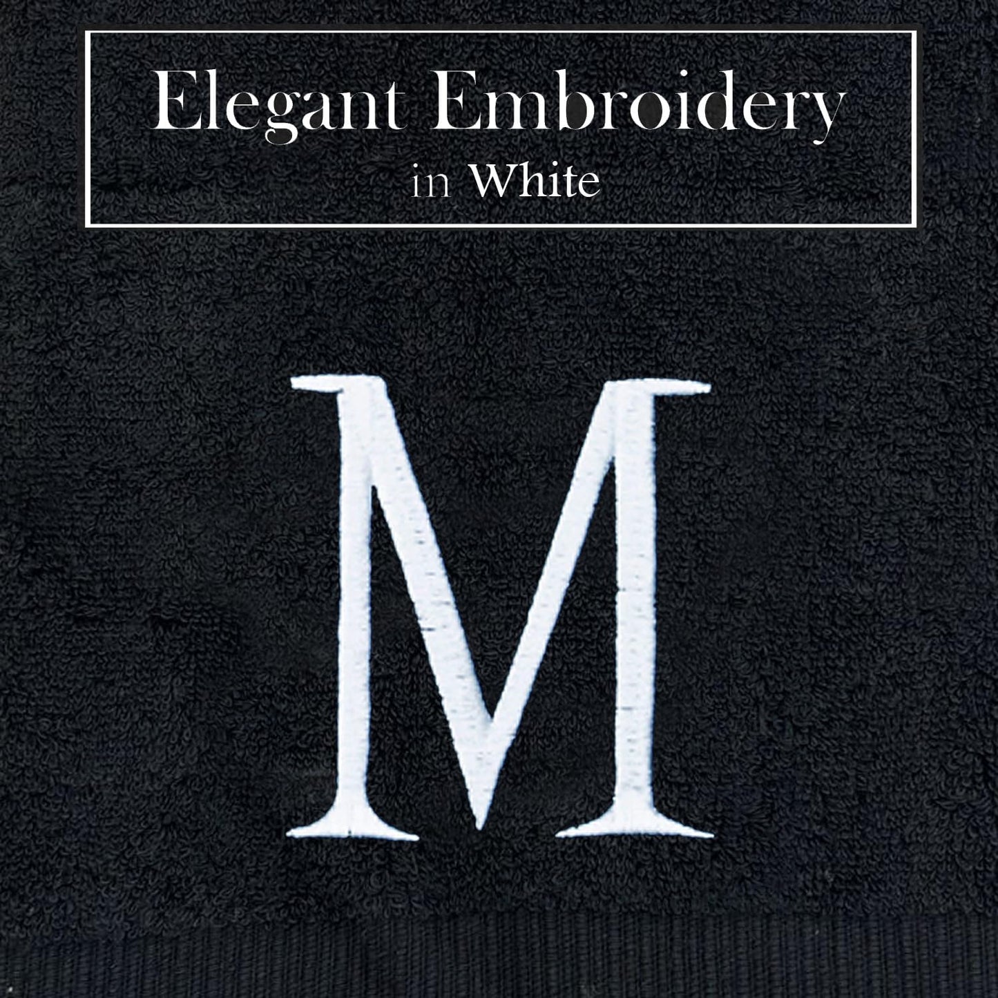 Black Initial Hand Towel for Bathroom - Monogrammed Luxury Hotel Quality Decorative Embroidered Towel for Powder Room, Spa - GOTS Organic Certified - Pack of 2, Letter M