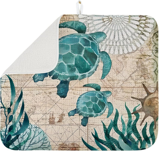 Dish Drying Mat for Kitchen Counter Large 16" x 18" Seaturtle Absorbent Microfiber Dishes Drainer Rack Mats Pad Reusable Washable