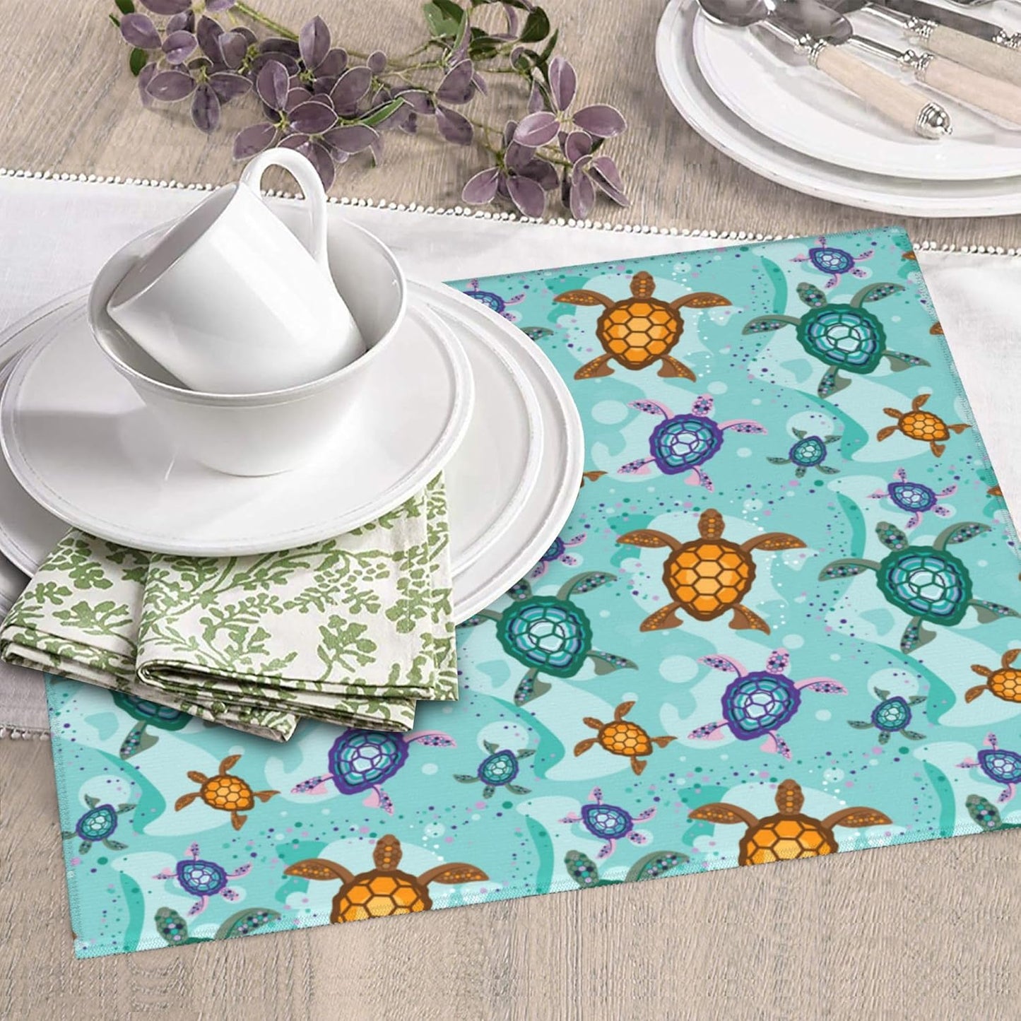 Cute Sea Turtle Beach Kitchen Drying Mat Ocean Themed Decorative Microfiber Dish Drainer Mat for Kitchen Counter Absorbent Reusable Washable 16x18 Inch