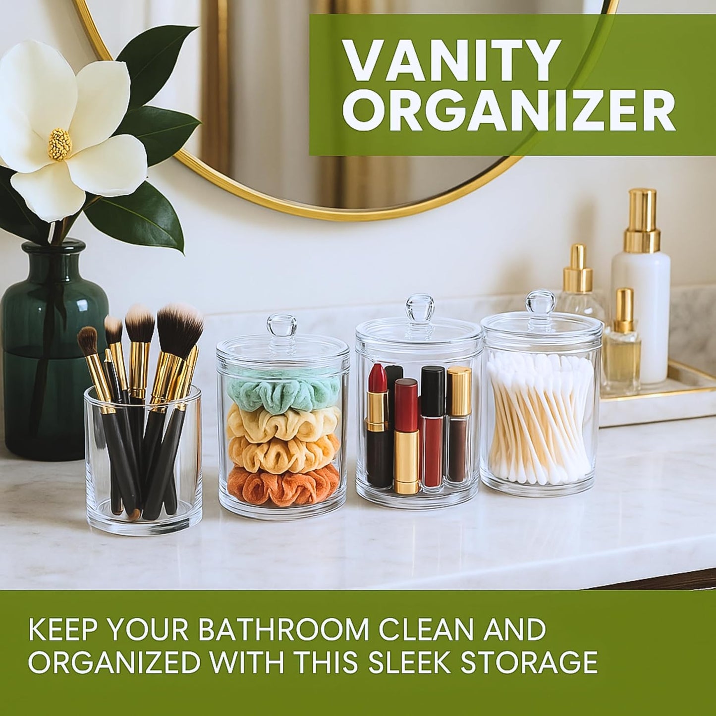 Acrylic Qtip Holder Bathroom Set, Bathroom Containers with Lids, Clear Plastic Apothecary Jars, Q Tip Holder Bathroom Set, Cotton Swab Holder, Cotton Ball Holder (Pack of 4)