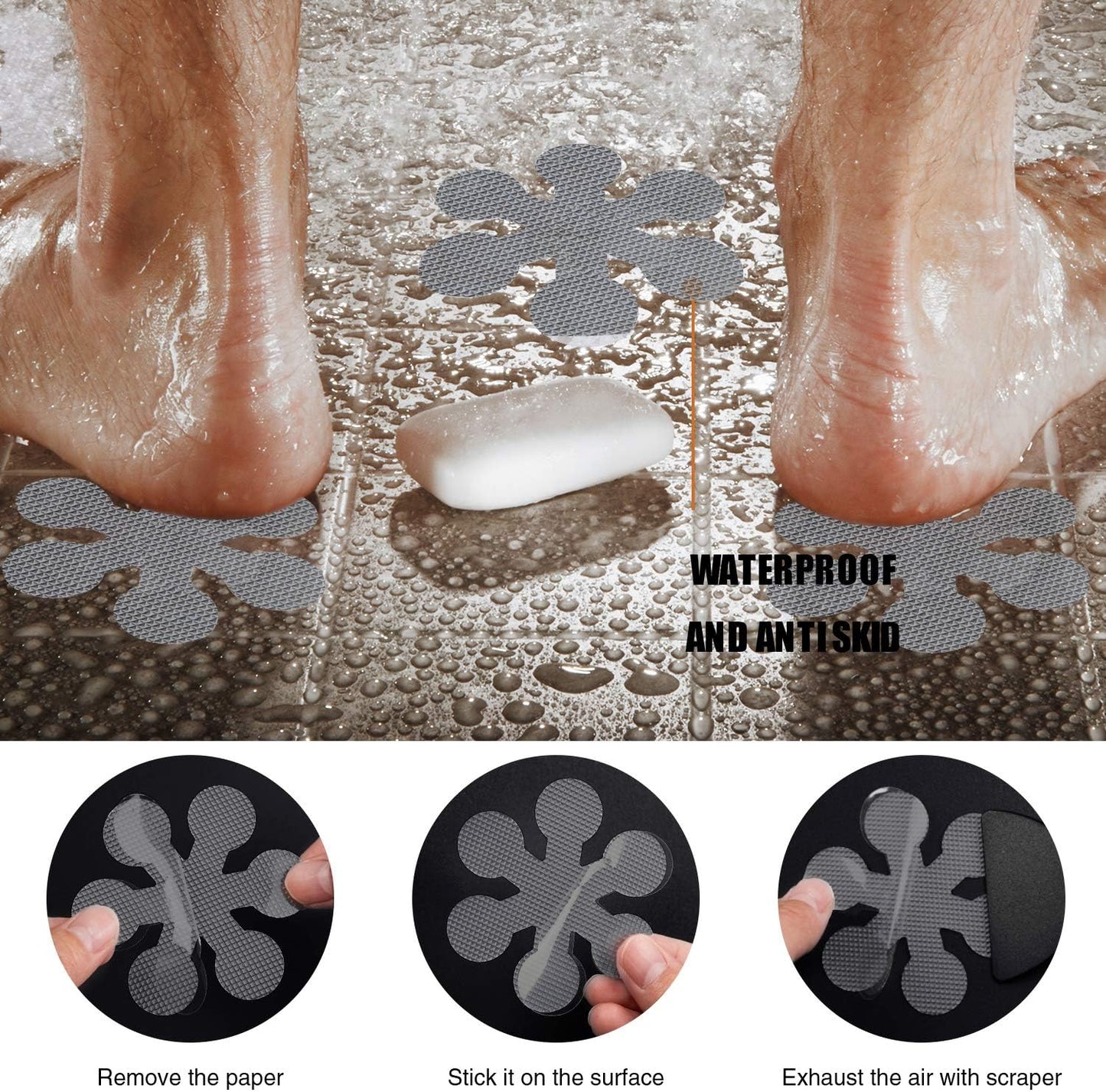 Bathtub Stickers Non-Slip, 12 PCS Grey Safety Shower Treads Adhesive Appliques with Premium Scraper