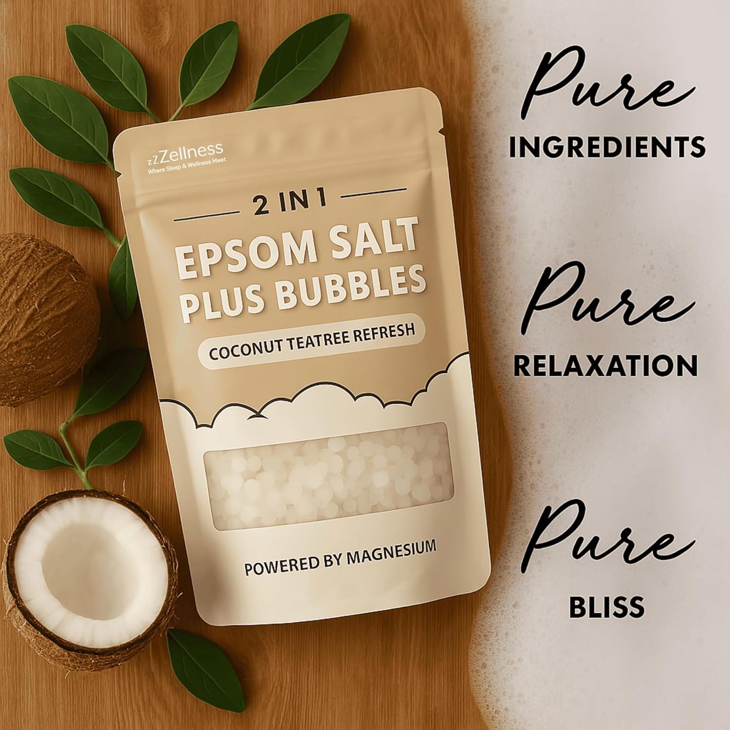 Epsom Salt Plus Bubbles – Coconut & Teatree Scented Foaming Bath Soak – Magnesium Sulfate for Muscle Recovery, Stress Relief & Relaxation – Great for Aromatherapy – 12 oz
