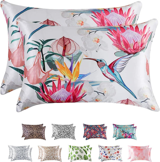 MR&HM Satin Pillowcase for Hair and Skin, Silk Satin Pillowcase 2 Pack, King Size Pillow Cases Set of 2, Silky Pillow Cover with Envelope Closure (20x40, Floral Bird)