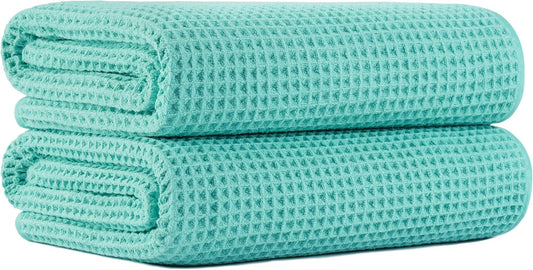 New Microfiber Waffle Bath Towels, 2 Pieces, Oversized, Soft, Absorbent, Fast Drying, Lint Free (Turquoise)