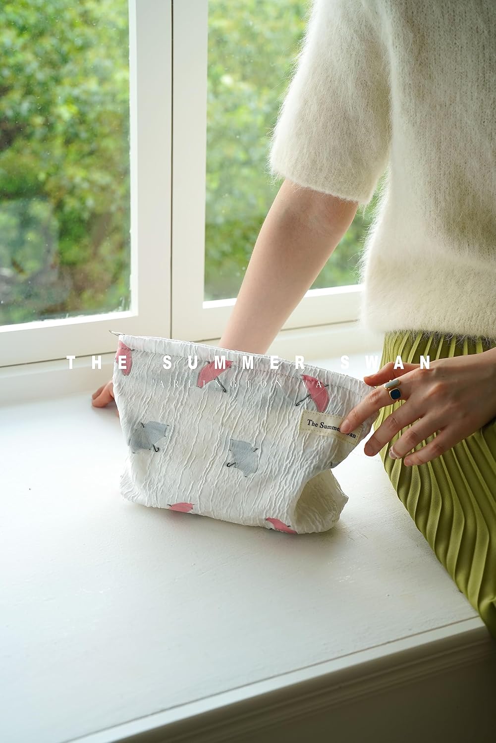 The Summer Swan | Large Aesthetic Floral Mid-day Clutch Period Kit Hygiene Skincare Cute Makeup Bag (Umbrella White)