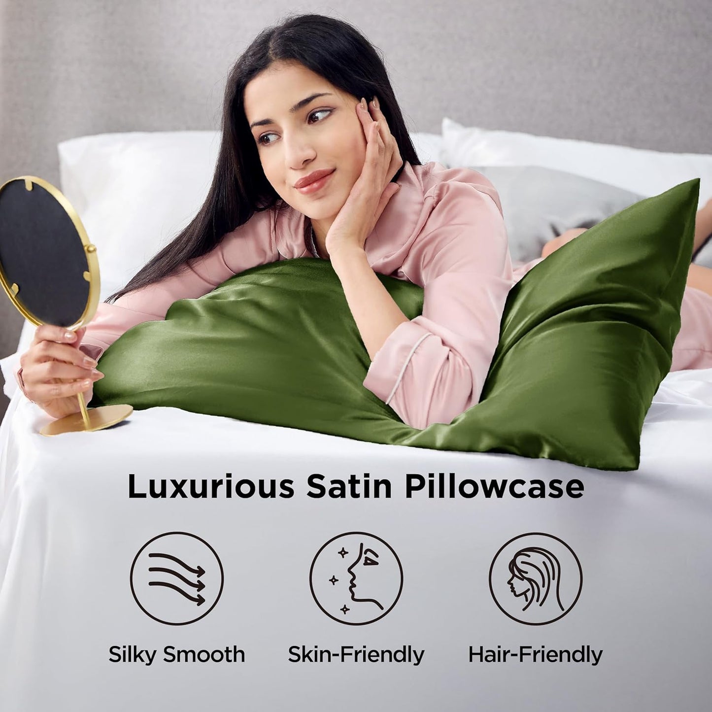 Bedsure Satin Pillowcase 2 Pack Similar to Silk Pillow Cases Standard Size, Pillow Case for Sleeping Women with Envelope Closure, Gifts for Women Men, Olive Green, 20x26 Inches, 2pcs