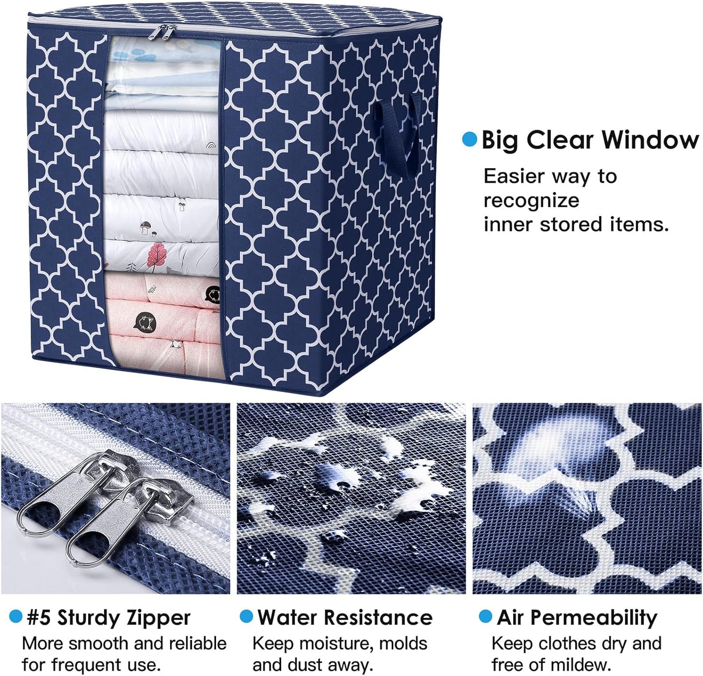 WISELIFE Storage Bags 8 Pack/100L Large Blanket Clothes Organization and Storage Containers for Comforters,Bedding, Foldable Organizer with Reinforced Handle, Clear Window, Sturdy Zippers,Blue