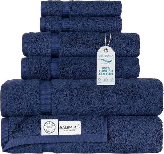 SALBAKOS - Luxury 6 Piece Towel Set, 100% Turkish Cotton, Quick Drying, Highly Absorbent & Comfy, Includes 2 Bath Towels, 2 Hand Towels & 2 Washcloths | (Navy)