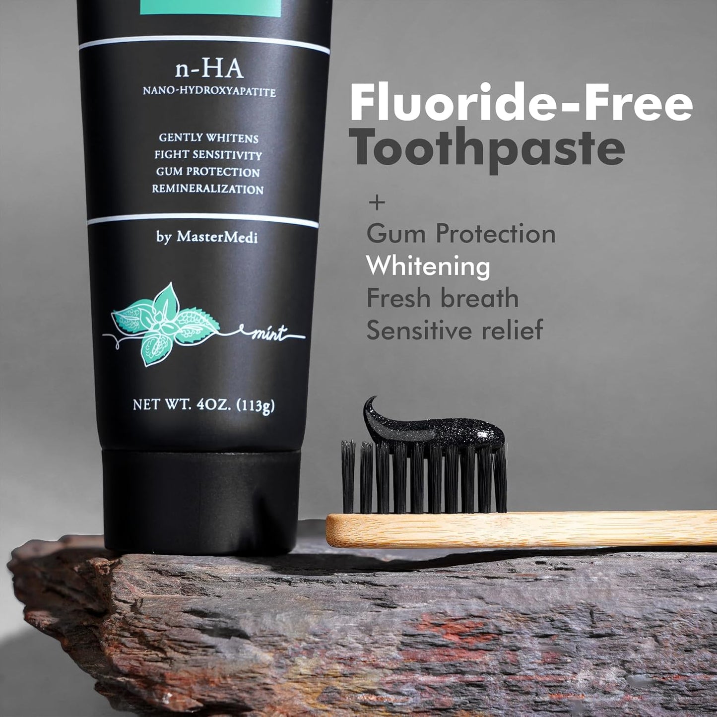 MasterMedi Nano Hydroxyapatite Toothpaste (Inspired by 10% nHA Formulas), Fluoride-Free, Charcoal Whitening, Sensitive Teeth Care, Enamel Support, SLS-Free, Xylitol, Citrus Mint, 4 Oz (Pack of 3)