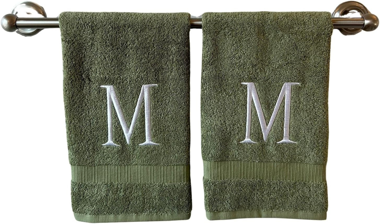 Sage Initial Hand Towel for Bathroom - Monogrammed Luxury Hotel Quality Decorative Embroidered Towel for Powder Room, Spa - GOTS Organic Certified - Set of 2 Letter M