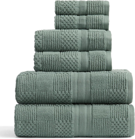Springtree Home 100% Cotton Bathroom Towel Set | 6 Piece Set - Green Bath Towels | Geometric Textured Design | Absorbent & Quick-Dry | Oeko-TEX® Standard 100 Cotton | Myla Collection - Lily Pad Green