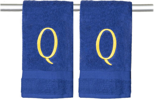 Navy Powder Room Hand Towel - Monogram Initial Hotel Quality Decorative Embroidered Luxury Towel for Spa - GOTS Organic Certified - Set of 2 Gold Letter Q