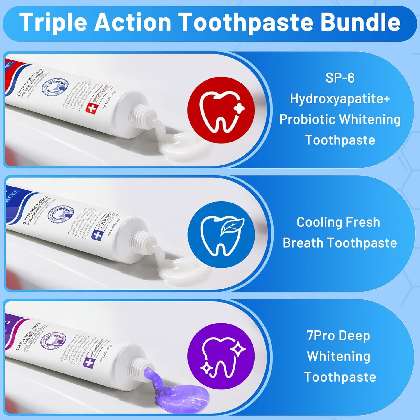 SP-6 Toothpaste Set, 6 Probiotics for Whitening & Cooling Fresh Breath, and 7- Pro Intense Whitening, Fluoride-Free, Safe for Enamel, Deep Brigthtening & Freshness 3 in1 Set