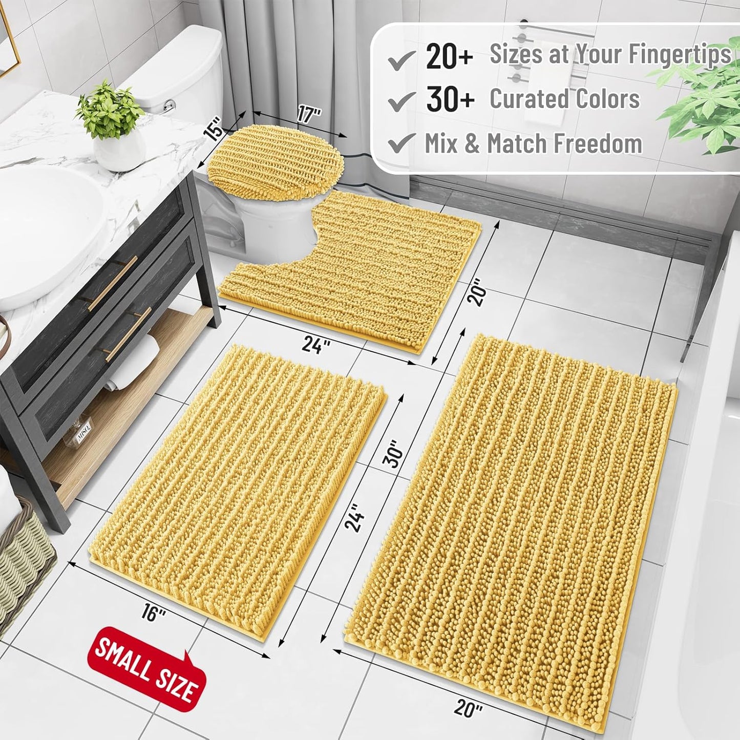 Arotive Luxury Chenille Bathroom Rug Mat, Extra Soft Thick Absorbent Shaggy Bath Rugs, Non-Slip Machine Wash Dry, Plush Bath Mats for Bathroom, Shower and Tub, 47x32, Yellow