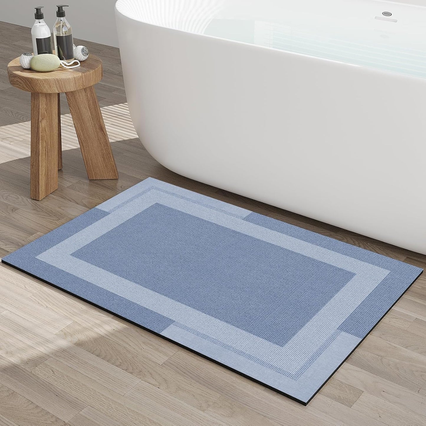 Non Slip Bath Mat, Rubber Backing Ultra Thin Bathroom Rugs Fit Under Door Quick Dry Super Absorbent Washable Bath Rug Shower Mat for Bathroom Floor Bathtub Shower Sink, Easy Care Blue 16"x 24"