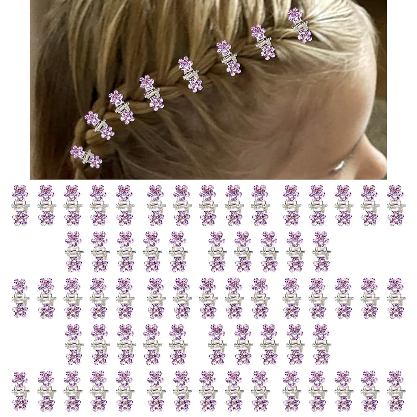 65PCS Mini Purple Flower Hair Clips with Rhinestone Mini Glitter Teeth Rhinestone Flower Hair Accessories No-Slip Grip Metal Jaw Clamps for Girls Women (Silver-Purple Crystal)
