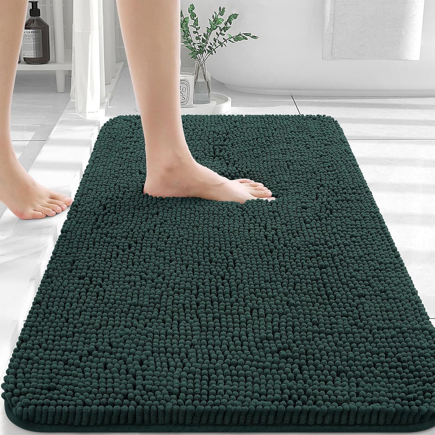 OLANLY Bathroom Rugs 36x24, Extra Soft Absorbent Chenille Bath Rugs, Rubber Backing Quick Dry, Machine Washable Bath Mats for Bathroom Floor, Tub and Shower, Home Decor Accessories, Blackish Green