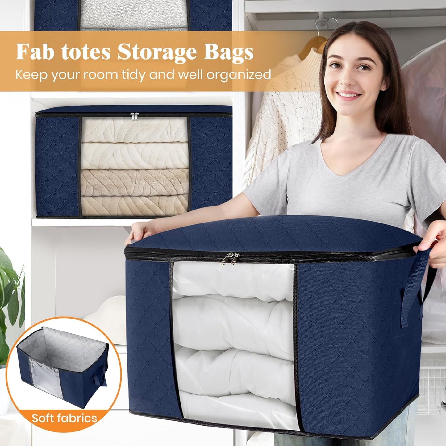 Fab totes 24 Gallons Clothes Storage, Foldable Thick Fabric Blanket Storage Bags, Containers for Organizing Bedroom, Closet, Clothing, Comforter, Organization with Handle (4 Pack,Blue)