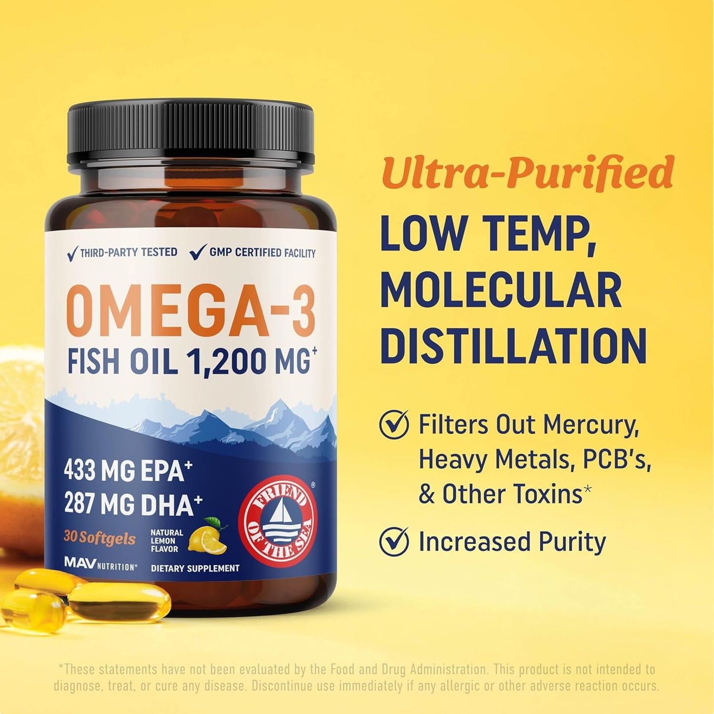 Triple Strength Omega 3 Fish Oil 1200 mg | EPA & DHA | Wild Caught, Sustainably Sourced Omega-3 Fatty Acids | Premium Burpless Fish Oil Supplements | Non-GMO, Third-Party Tested | 30 Softgels