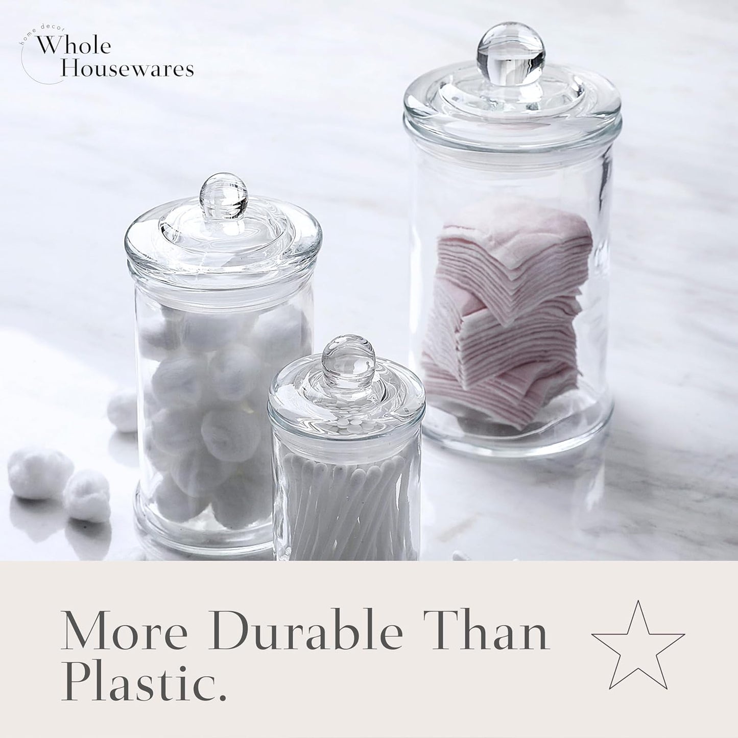 Whole Housewares - Set of 3 Bathroom Canisters - Storage Container Jars - Premium Glass Apothecary Jars with Lids - Small Glass Jar for Kitchen or Bathroom Storage - Decorative Crystal Containers