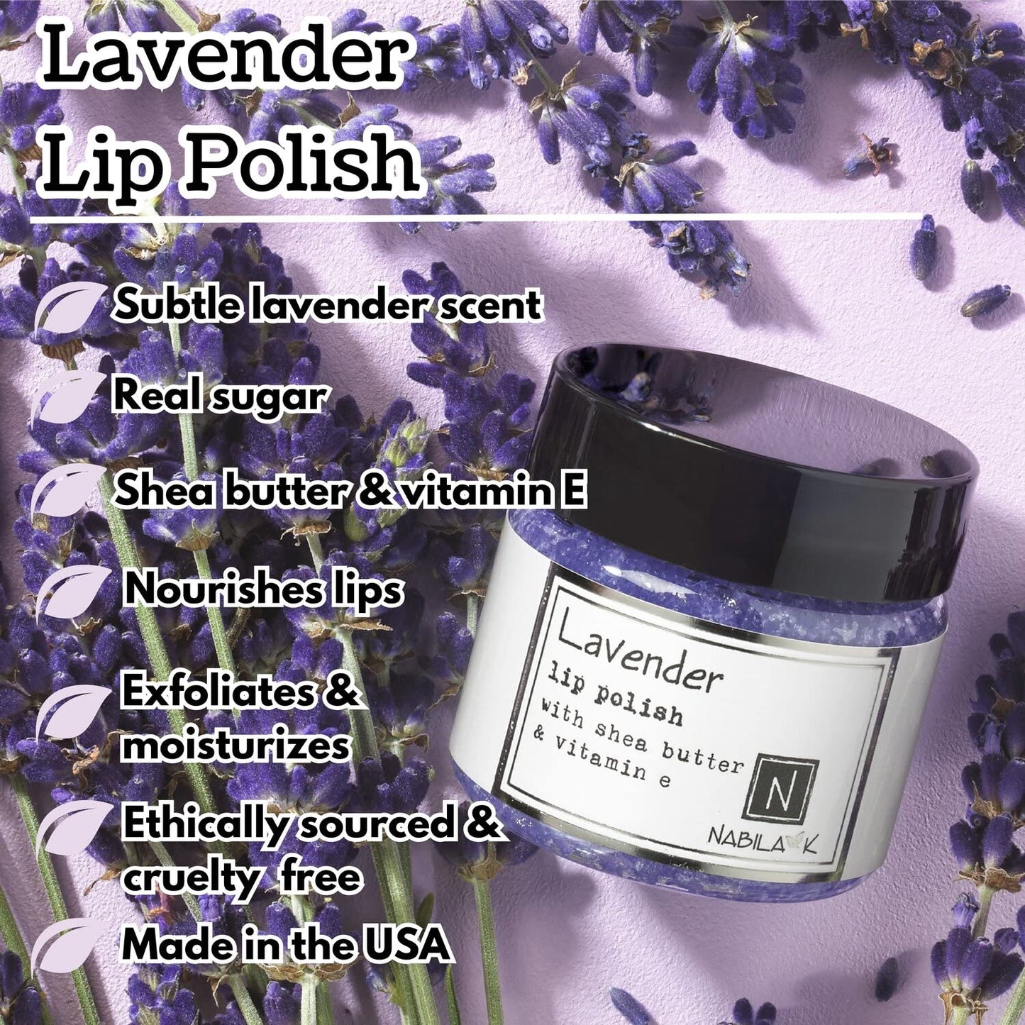 Lavender Lip Polish, 1 oz by Nabila K - Hydrating Lip Exfoliator & Moisturizer with Shea Butter and Vitamin E for Dry and Chapped Lips - Cruelty-Free, Real Sugar, Made in USA