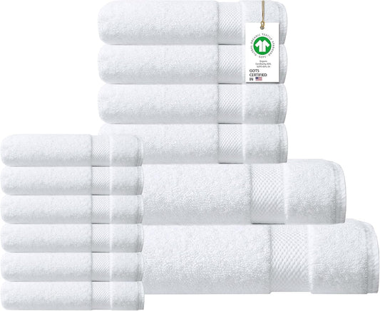 Delara 100% Organic Cotton Towels 650 GSM Plush Feather Touch Quick Dry Towel, 12-Piece Towel Set GOTS Certified, Oeko-Tex Green Certified, 1 Bath Towel, 1 Bath Sheet, 4 Hand Towels & 6 Wash Cloths