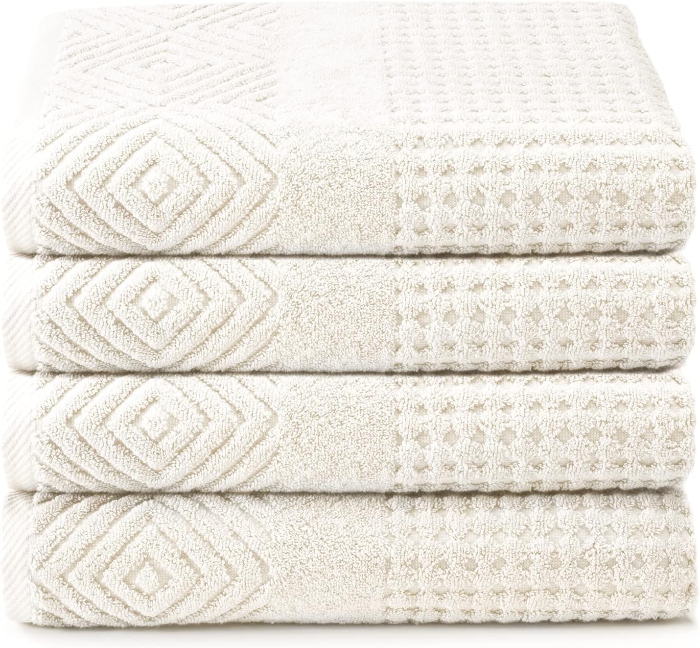 Texere 100% Organic Cotton Diamond Jacquard 700 GSM Luxury Bath Towel Sets - Ultra Soft and Absorbent Hotel and Spa Quality (Diamond, Cream, 4 Bath Towels)