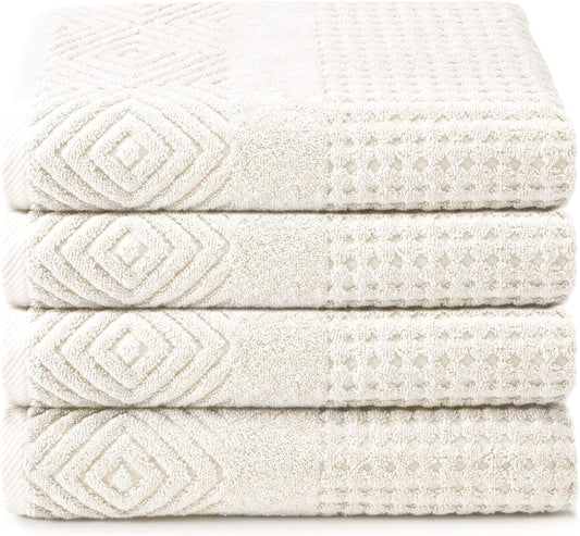 Texere 100% Organic Cotton Diamond Jacquard 700 GSM Luxury Bath Towel Sets - Ultra Soft and Absorbent Hotel and Spa Quality (Diamond, Cream, 4 Bath Towels)