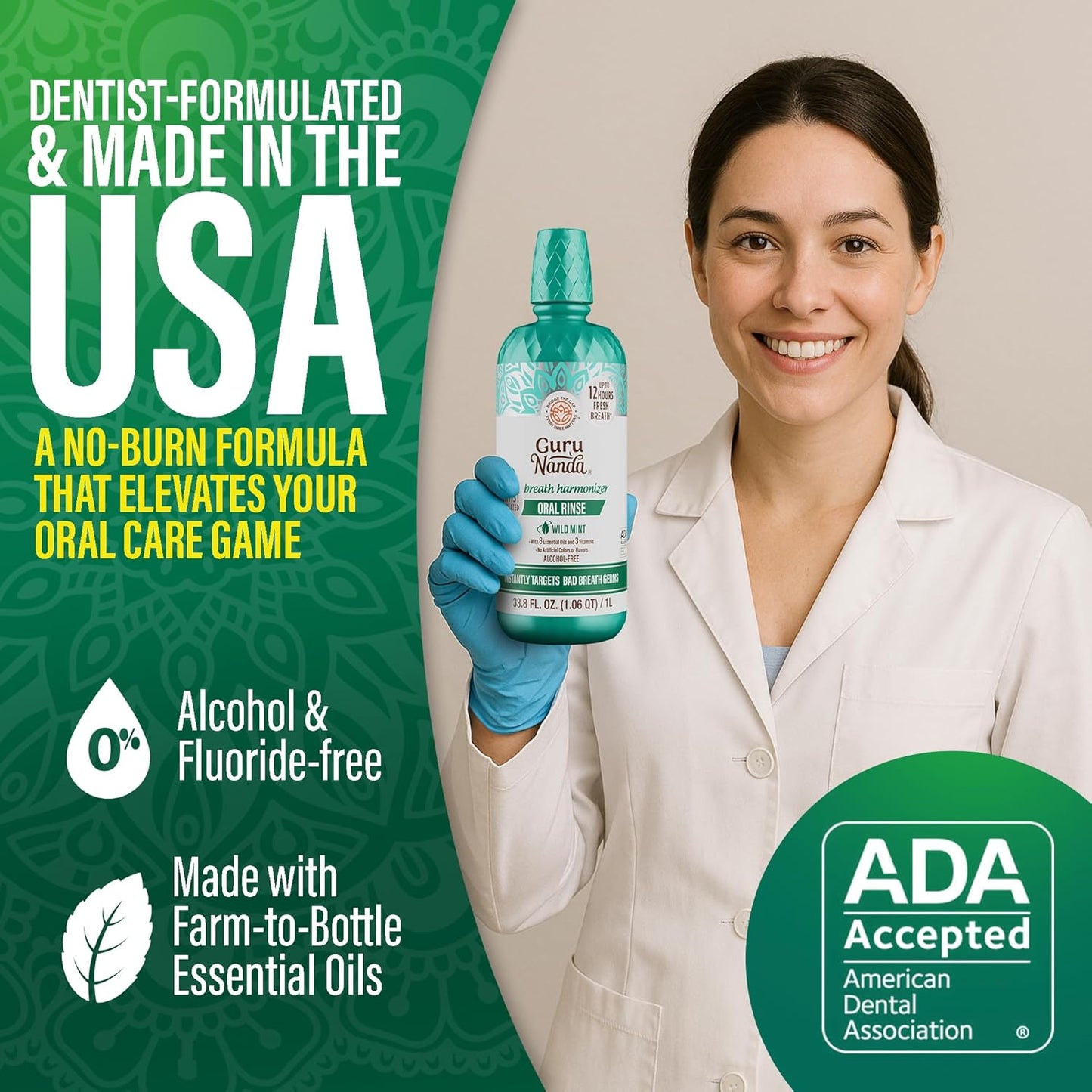 GuruNanda Fresh Breath Mouthwash, ADA-Accepted, Alcohol & Fluoride-Free, Sodium Chlorite, Essential Oils & Vitamins, 12-Hrs Fresh Breath, Wild Mint, 33.8 oz