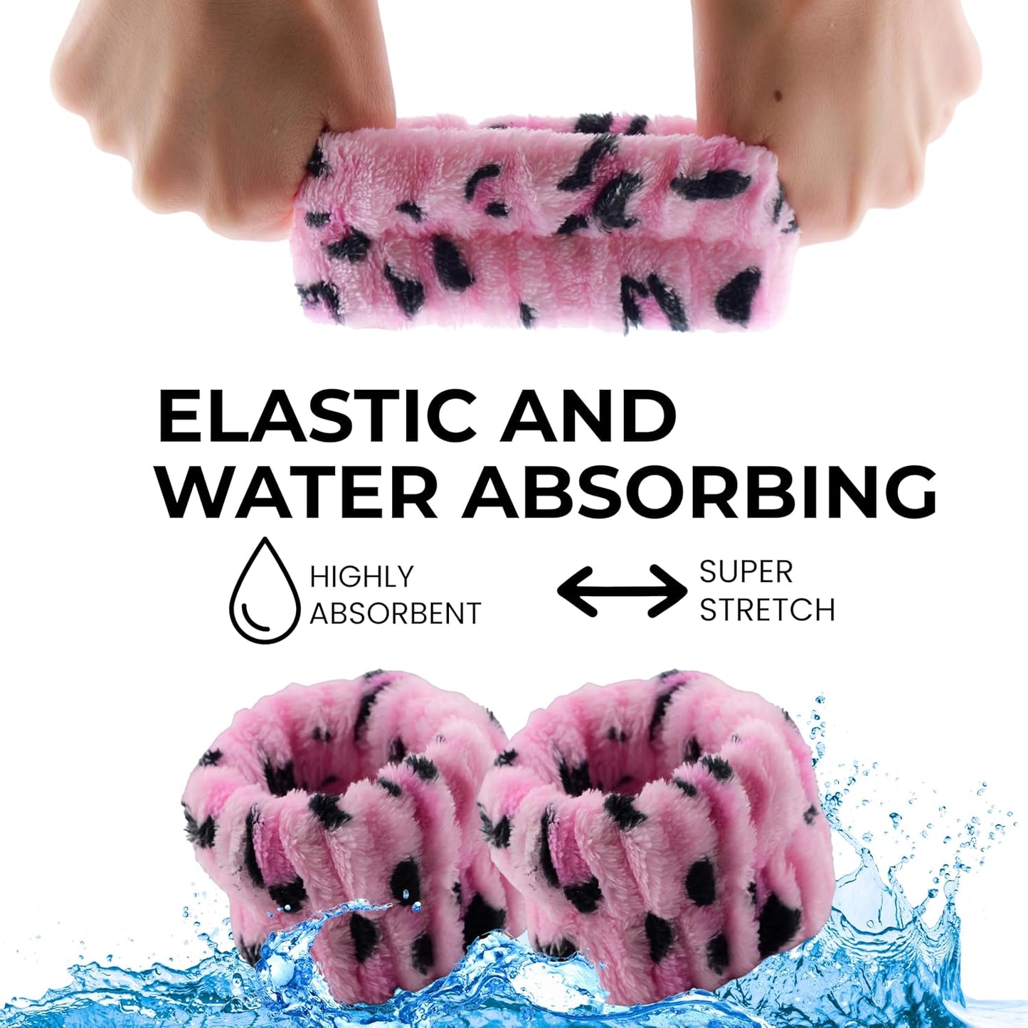 Spa Headband Wrist Band for washing face set Sponge Makeup Skincare Headband Wrist Towels Bubble Soft Terry Towel Cloth Hairband for Women Puffy Headwear Non Slip Thick Thin Hair Headwear (Leopard)