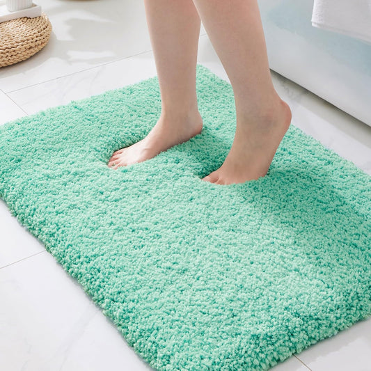 ILANGO Spa Blue Bathroom Rugs 24" × 17" Small Non Slip & Super Absorbent Extra Thick Soft, Washable Bath Mat for Floor, Microfiber Plush Shaggy Bath Rug with Rubber for Bathtub Shower Room Sink