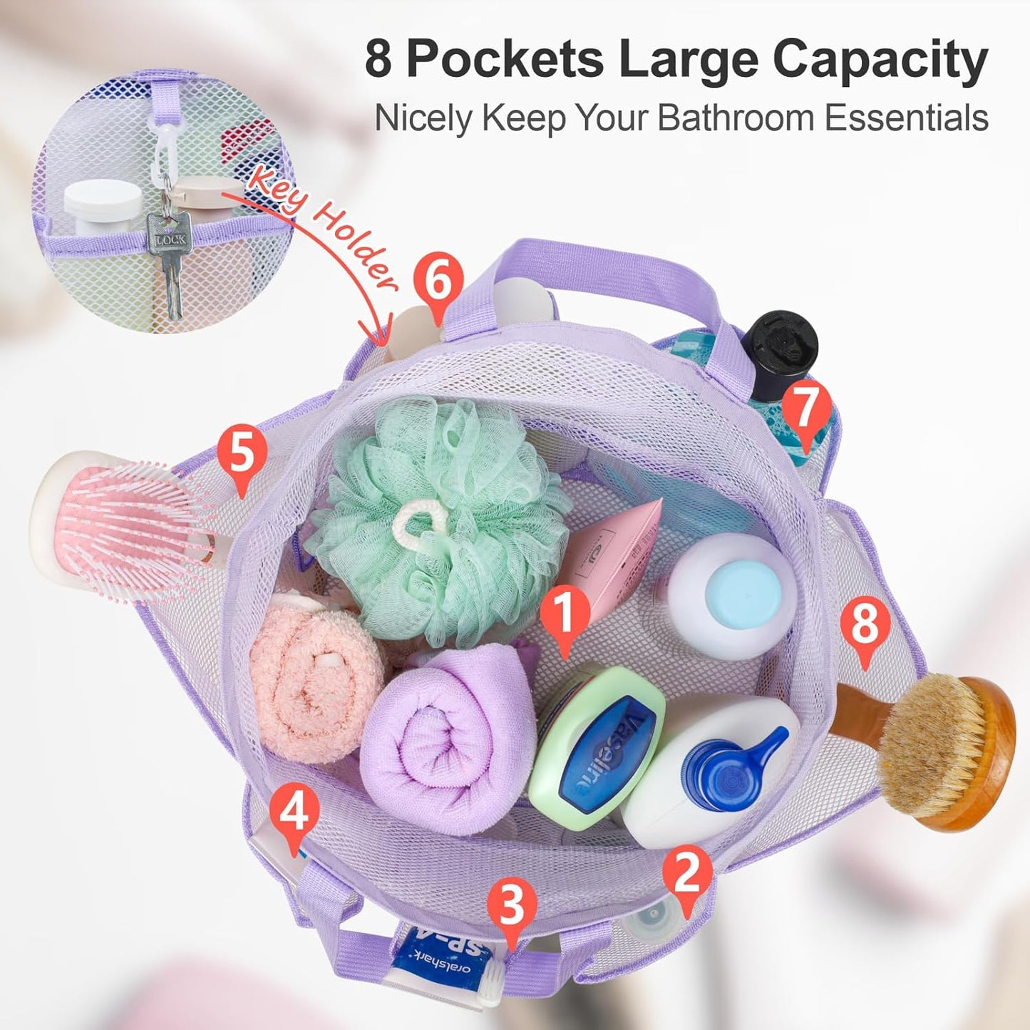 F-color Mesh Shower Caddy Portable with Drawstring - Upgrade Deeper 7 Pockets Dorm Room Essentials for Guys Girls with S Hook, Shower Bag Basket Tote for College Camping Toiletry Bathroom, Purple