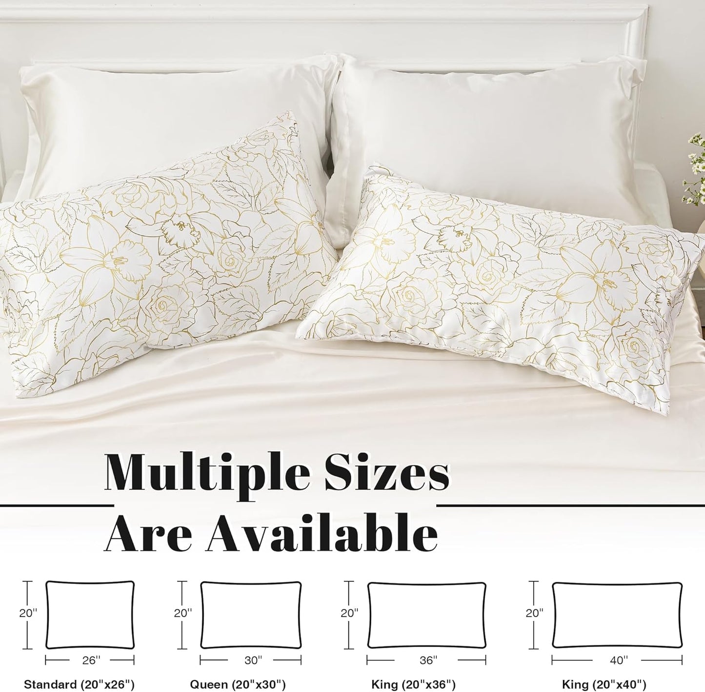 EXQ Home Satin Pillowcase for Hair and Skin Queen - Printed Rose on White Silk Pillowcase 2 Pack 20x30 inches - Satin Pillow Cases Set of 2 with Envelope Closure, Gifts for Women Men