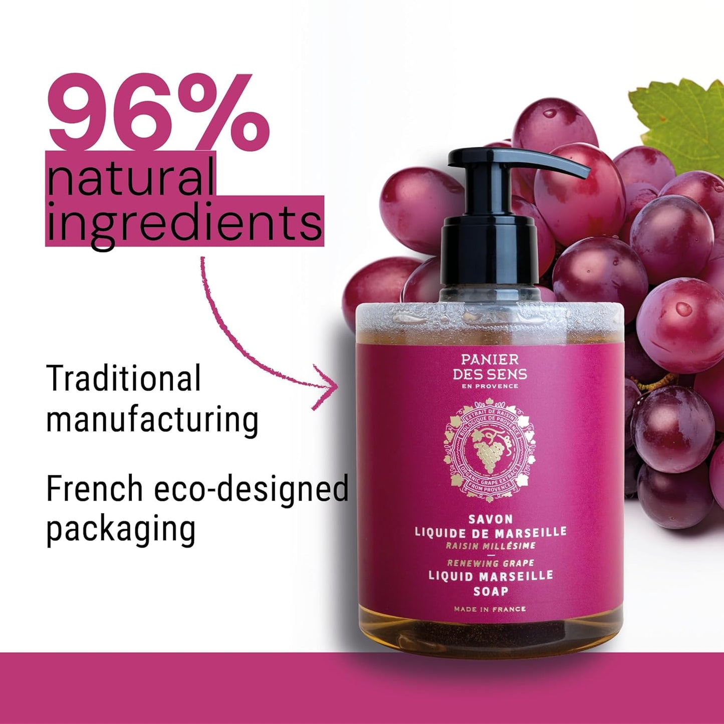 Panier des Sens - Moisturizing Hand Soap - Grape Fragrance - French Traditional Savon de Marseille Soap with Coconut Oil - Refillable Kitchen & Bathroom Soap - 16.9 Fl.oz Liquid Hand Wash 97% Natural