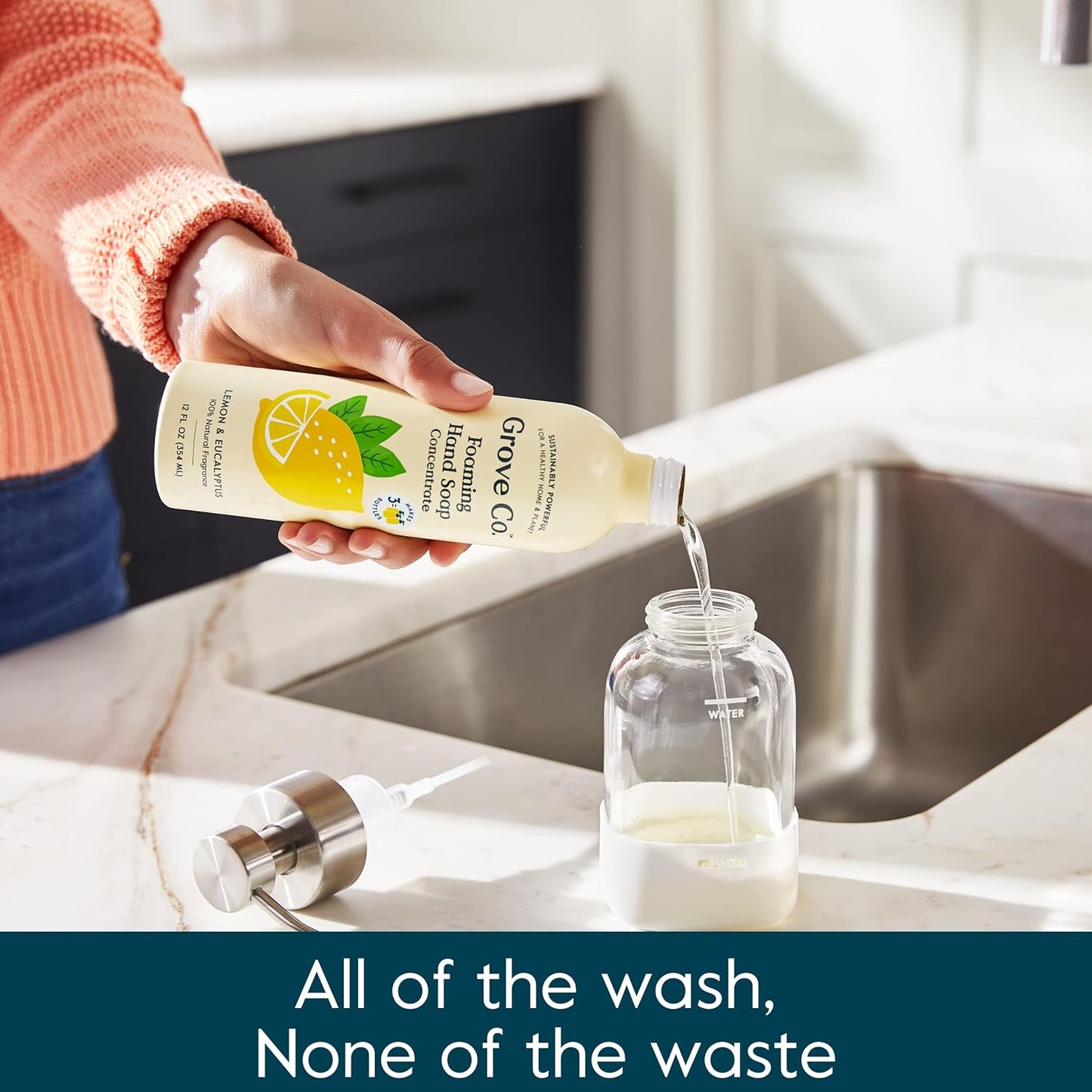 Grove Co. Foaming Hand Soap Concentrate (12 Fl Oz) + Reuseable Glass Soap Dispenser, Plastic Free and Liquid Refillable Starter Kit, Natural Lemon & Eucalyptus Fragrance